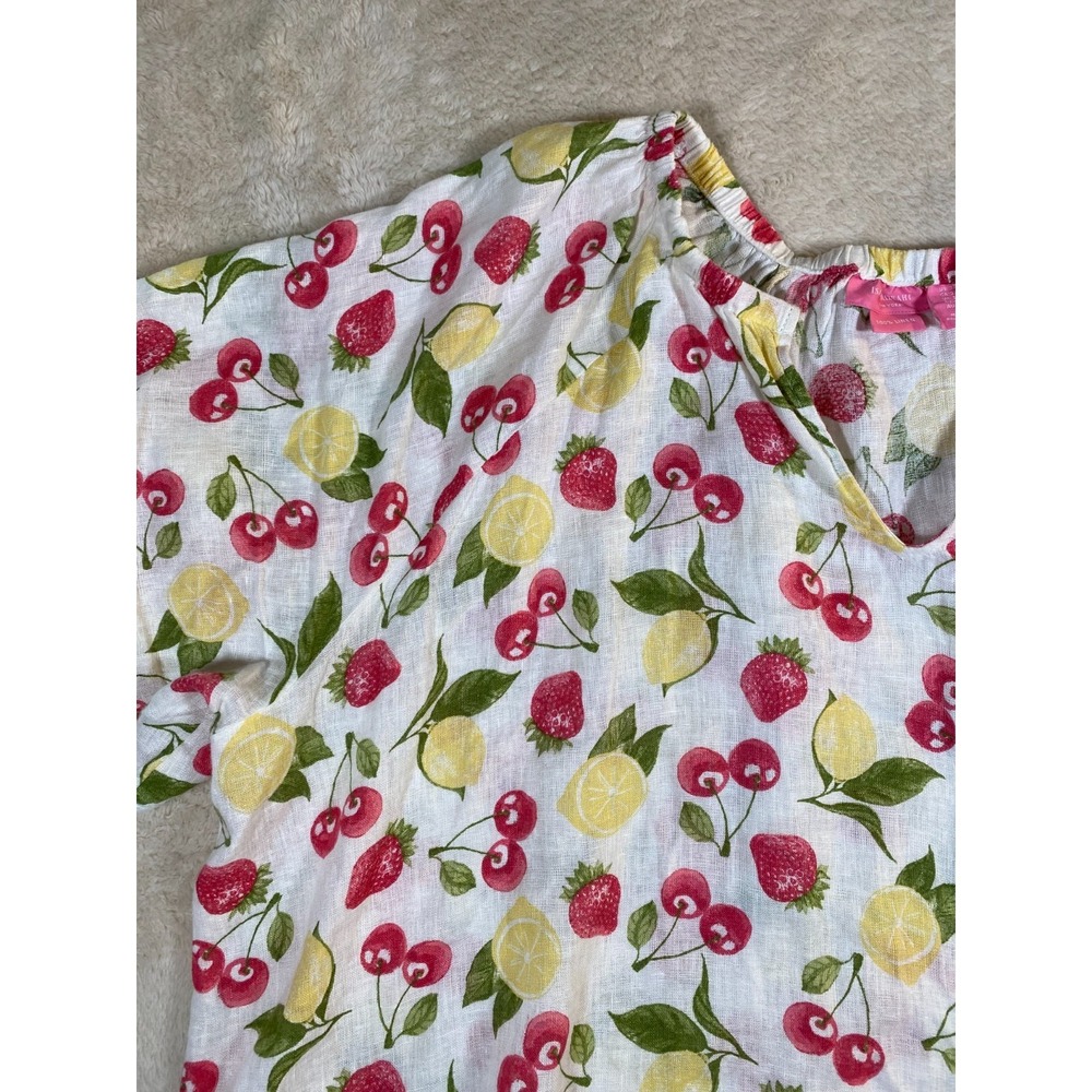 Isaac Mizrahi Womens 3X 100% Linen Fruit Print Peasant Blouse Short Sleeve - Picture 4 of 8